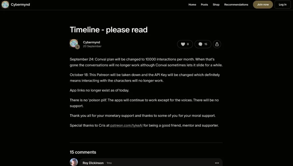 Screenshot of Cybermynd Patreon post announcing the end of Virtual Companion 2 with text updates about discontinued API and app support.