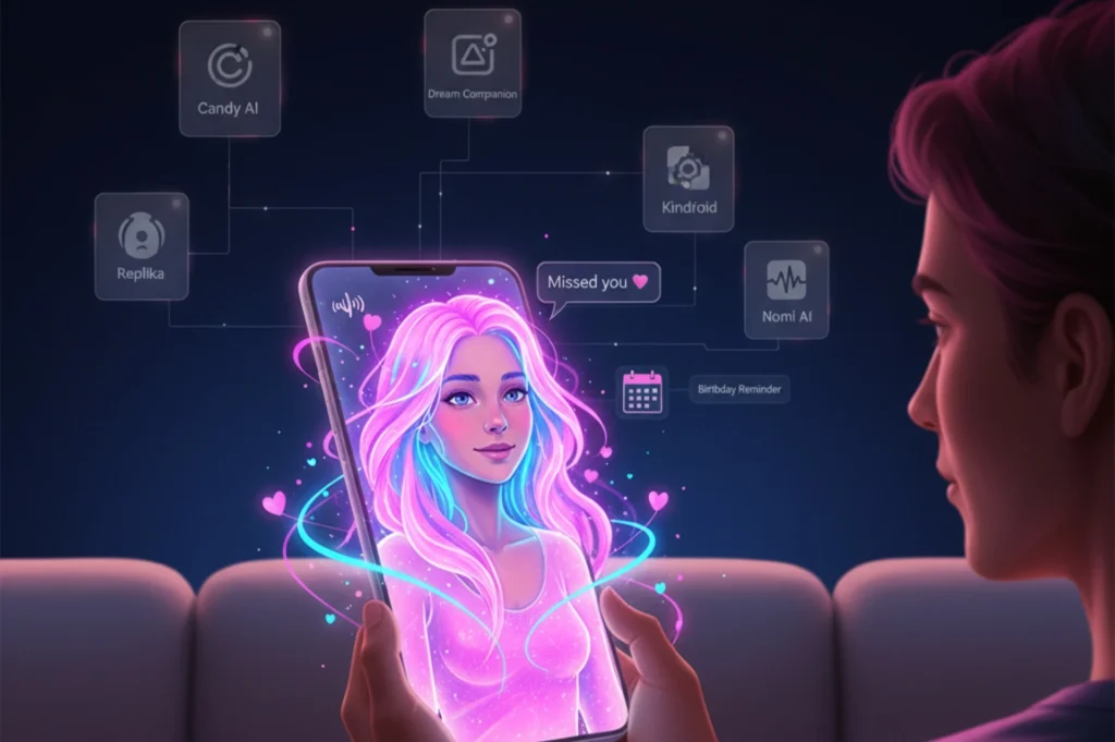 A user on a couch interacts with a glowing, holographic AI girlfriend on a smartphone. Floating app icons (Candy AI, Replika, etc.) and subtle messages like "Missed you ❤️" are visible, all within a futuristic, intimate, and neon-lit setting.