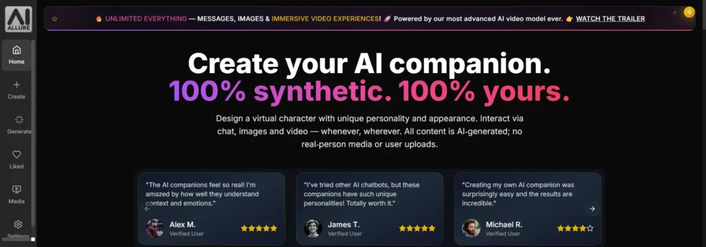 AI Allure homepage creation screen with options to create a virtual AI companion, including design tools for personality and appearance, testimonials from verified users, and highlights for unlimited messages, images, and video experiences powered by advanced AI models.