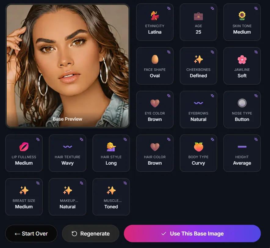 AI Allure base preview for custom AI companion Ava, displaying oval face with defined cheekbones, brown eyes, long wavy brown hair, curvy body, medium skin tone, and controls for Start Over, Regenerate, Use This Base Image.