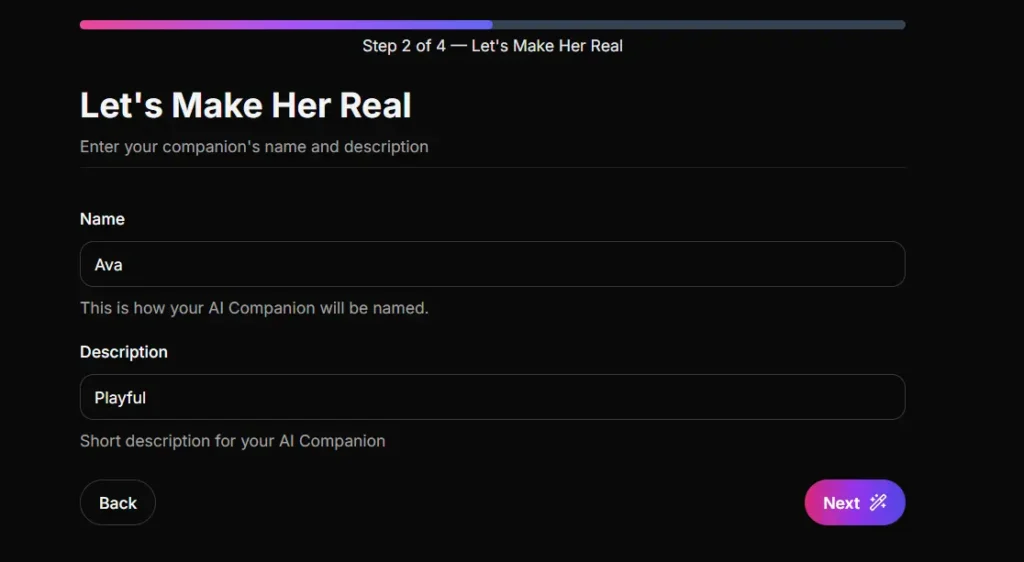 AI Allure Step 2 of 4 screen titled "Let's Make Her Real" for creating a custom AI companion, with fields for Name (Ava) and Description (Playful), Back and Next buttons.