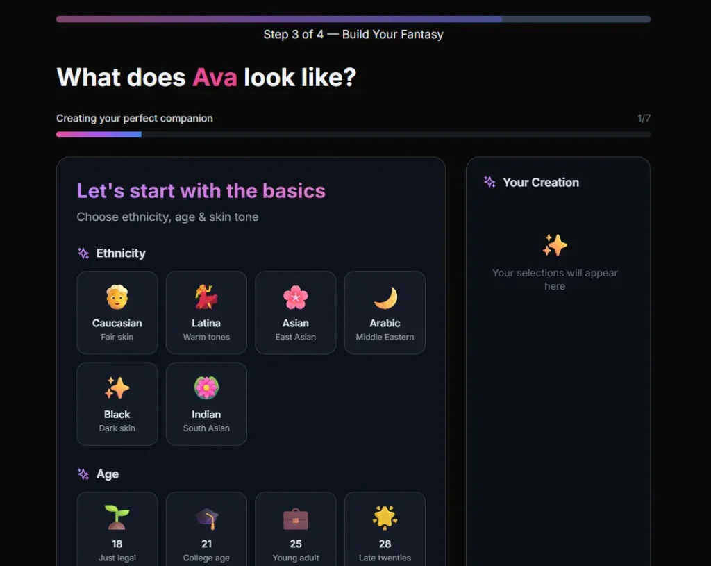 AI Allure Step 3 of 4 "Build Your Fantasy" interface for custom AI companion creation, featuring ethnicity options like Caucasian, Latina, Asian; age sliders from 18 to 28; and a preview panel.