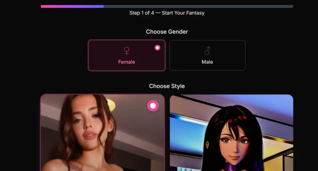 AI Allure Step 1 of 4 "Start Your Fantasy" screen for custom AI companion, showing Female gender selected, Realistic style highlighted with photorealistic female preview versus Anime style.