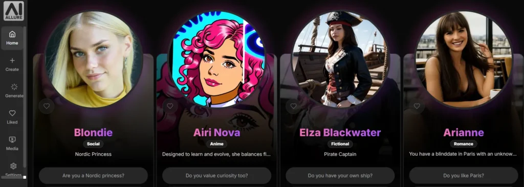 AI Allure featured companions gallery displaying four customizable AI characters: Blondie (blonde Nordic princess), Airi Nova (pink-haired anime style), Eliza Blackwater (pirate captain in nautical attire), and Arianne (elegant woman in Paris setting).