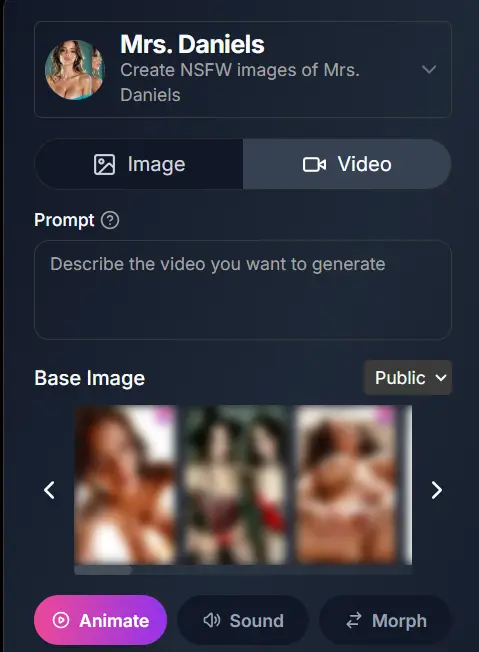 AI Allure NSFW video generator screen featuring Mrs. Daniels profile, options for image or video creation, prompt field for describing videos, base image carousel with blurred thumbnails, and controls for Animate, Sound, and Morph functions.