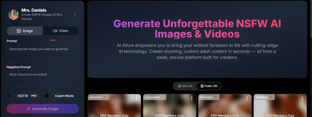 AI Allure dashboard for NSFW AI generation showing Mrs. Daniels companion, image/video tabs, prompt and negative prompt fields, NSFW Pro and Expert Mode toggles, style options like Amateur and Superstar, and blurred Pro member-only thumbnail previews.