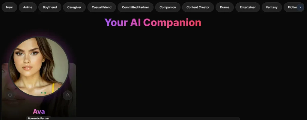 AI Allure app interface showing companion categories including New, Anime, Boyfriend, Caregiver, Casual Friend, Committed Partner, Companion, Content Creator, Drama, Entertainer, and Fantasy, with a highlighted profile of Ava as a Romantic Partner.