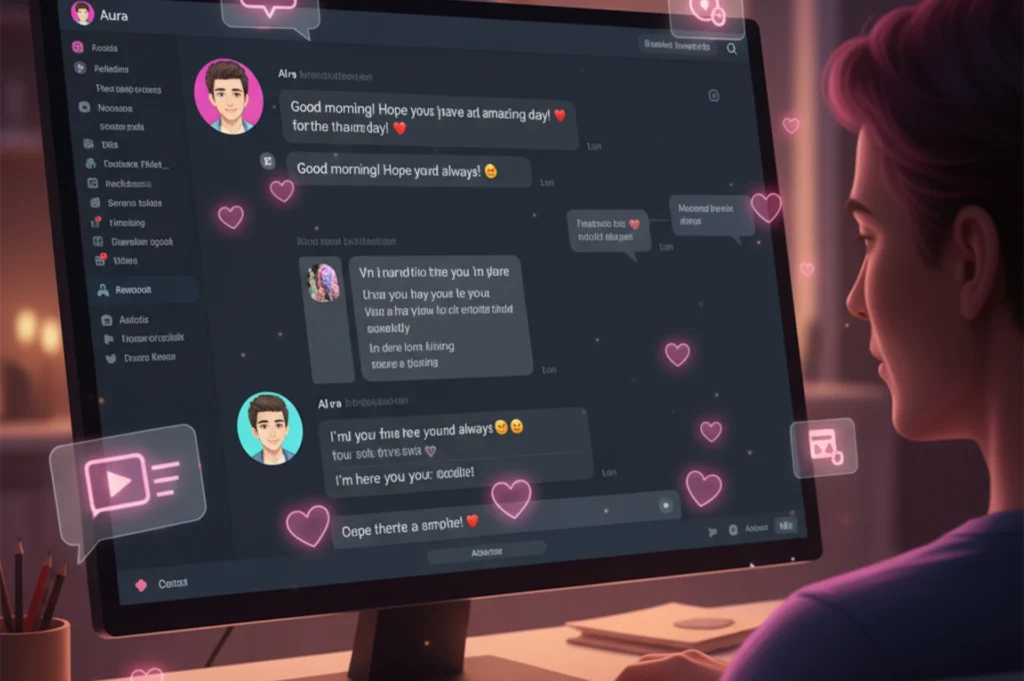 A person on a computer uses Discord, viewing a warm, friendly chat with an AI boyfriend chatbot. The screen shows messages and avatars, framed by glowing hearts and digital icons, creating an inclusive and comforting atmosphere.