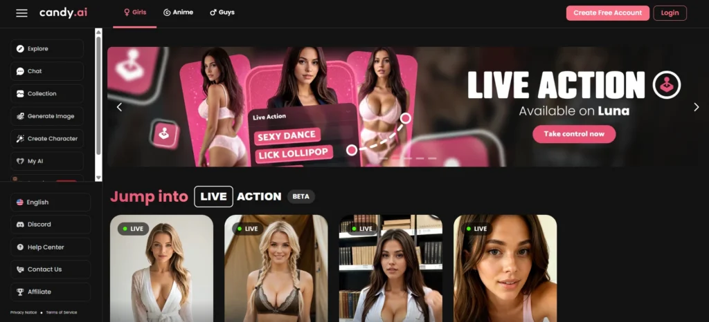 andy AI agentic AI girlfriend apps dashboard with live action chats, character generation, and customizable girlfriends for dynamic, responsive roleplay.