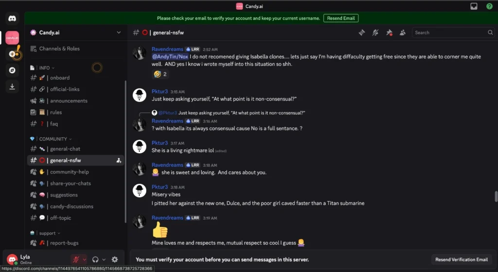 Screenshot of Discord in Candy.ai server, #general-nsfw channel. Messages include: "@AndyTin/Nox I do not recommend giving Isabella clones…," "Just keep asking yourself, 'At what point is it non-consensual?'" and "I pitted her against the new one, Dulce, and the poor girl caved faster than a Titan submarine." Thumbs-up reaction on final message. Sidebar shows onboard, rules, general-nsfw. Top banner: "Please check your email to verify your account..."