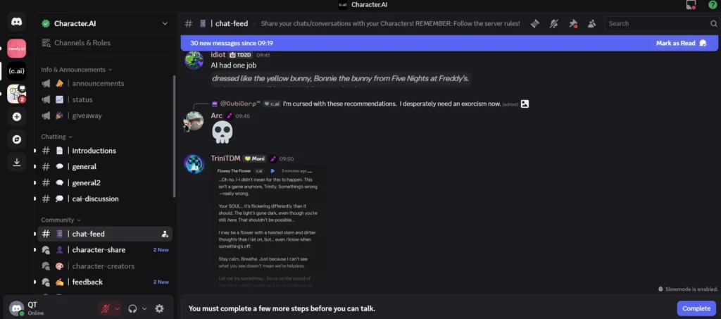 Screenshot of Discord in Character.AI server, #chat-feed channel. Messages include: "AI had one job dressed like the yellow bunny, Bonnie the bunny from Five Nights at Freddy's," "@GubiCorp™ I'm cursed with these recommendations. I desperately need an exorcism now (edited)," and a long poetic response from TriniTDM as "Flowey The Flower" about souls and darkness. Sidebar shows channels like general, cai-discussion, chat-feed. Notification: "30 new messages since 09:19." Bottom: "You must complete a few more steps before you can talk."