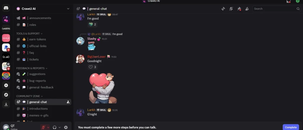 Screenshot of Discord in CraveU AI server, #general-chat channel. Messages: "I'm good" (x2), "Goodnight" with heart reacts, and an image of an anime-style bear character hugging a giant red heart. Sidebar includes earn-tokens, official-links, general-chat. Bottom: "You must complete a few more steps before you can talk."