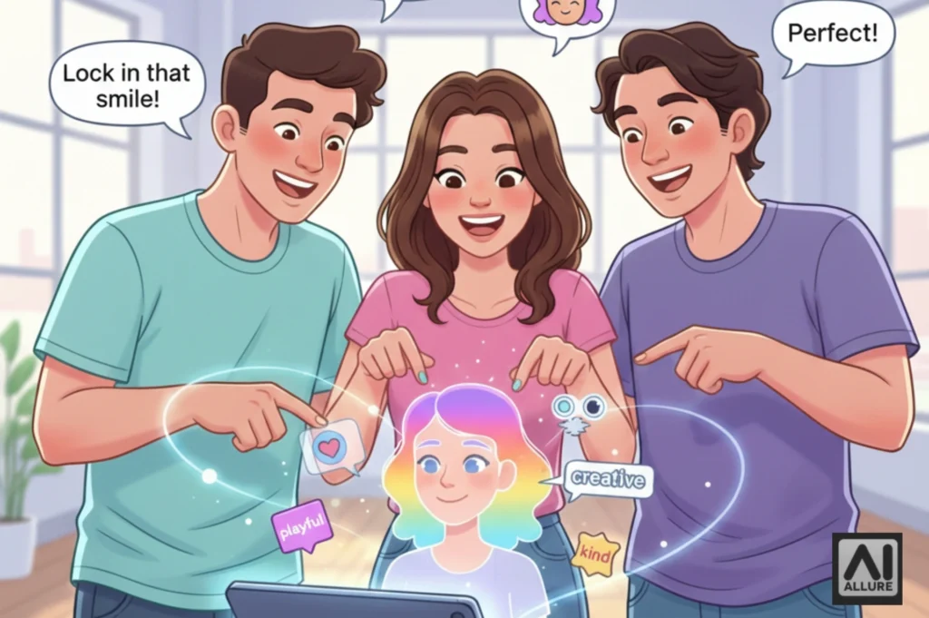 A fun, illustrative image in a 16:9 wide format shows three young adults (one woman, two men) in a bright, modern loft, gathered around a glowing tablet. They are excitedly dragging and dropping icons like hearts, wigs, eye colors, and personality badges onto a cartoon avatar on the screen, which is actively morphing from a silhouette into a vibrant character with rainbow-colored, wavy hair. Speech bubbles show phrases like "Add playful traits!" and "Lock in that smile!" The image has a soft pastel color palette, an energetic and inclusive vibe, and the "AI Allure" logo subtly placed in the bottom left corner.