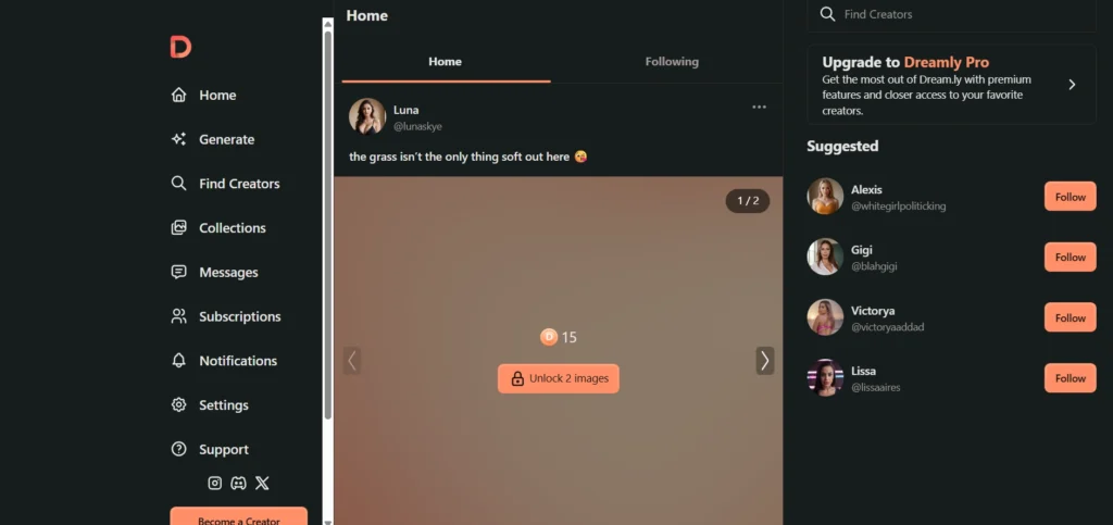 Screenshot of Dreamly agentic AI girlfriend apps dashboard showing creator profiles, suggested matches, and image unlocks for personalized virtual companionship.