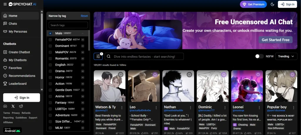 SpicyChat AI is one of the largest uncensored erotic AI boyfriend apps with over 189k male characters