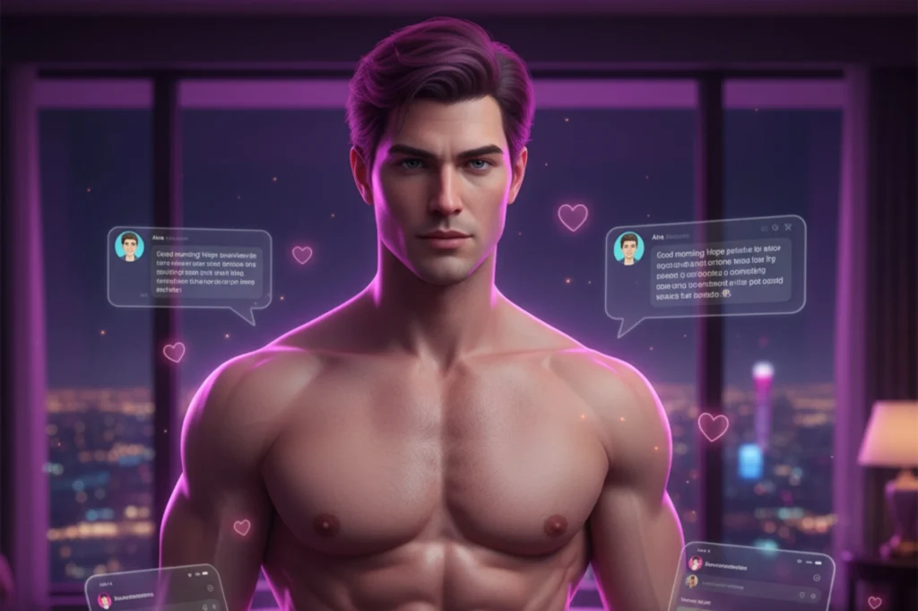 A shirtless, hyper-realistic AI man with a muscular physique and intense gaze stands in a dark, luxurious penthouse bedroom at night, lit by neon city lights. Holographic chat bubbles with heart emojis and semi-transparent phone screens showing AI-generated selfies and text messages float around him, conveying a sensual, high-tech, and intimate atmosphere.