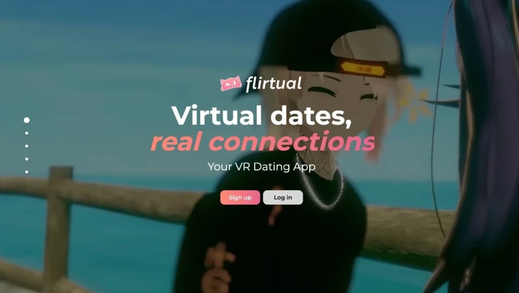 Screenshot of Flirtual homepage showing anime-style avatars promoting virtual dating and real connections in a VR environment.