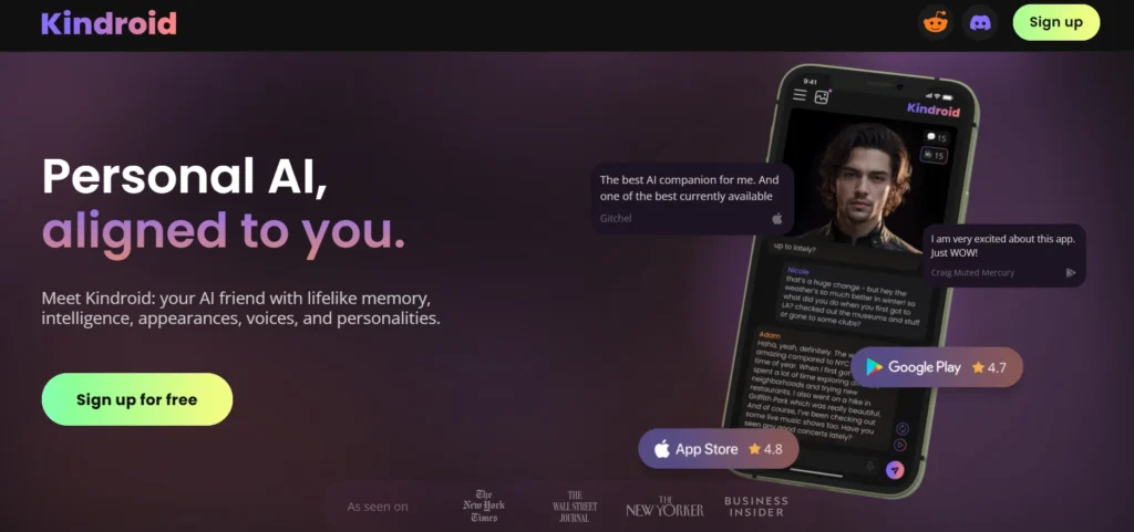 Kindroid agentic AI girlfriend apps interface displaying personalized AI friend creation with lifelike memory, voices, and emotional alignment for realistic chats.