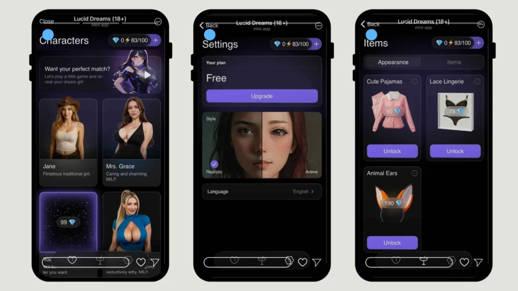 Screenshot of the Lucid Dreams Telegram AI chat app showing character selection, customization between realistic and anime styles, and purchasable digital items.