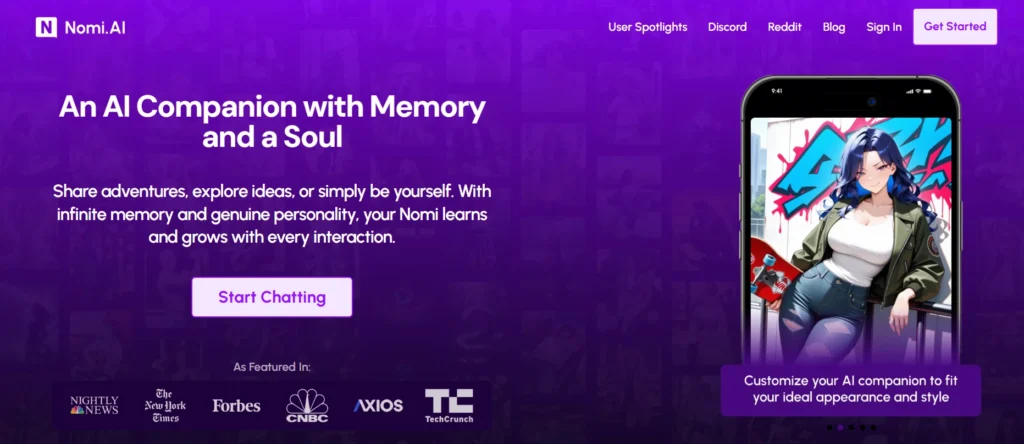 Nomi agentic AI girlfriend apps screenshot highlighting memory-driven chats, anime-style companions, and infinite personality growth for engaging virtual bonds.