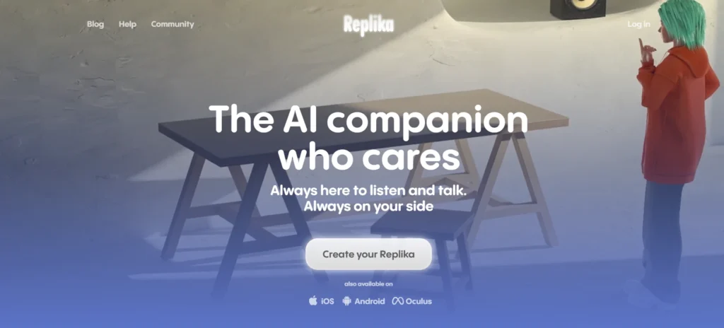 Replika agentic AI girlfriend apps homepage featuring emotional AI companion creation, always-listening chat features, and mobile app integrations for daily support.
