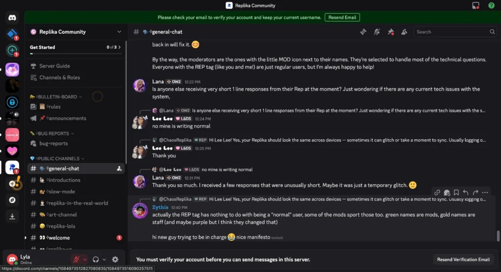 Screenshot of Discord in Replika Community server, #general-chat. User Lana asks about short 1-line Rep responses; others confirm normal behavior or suggest sync issues. ChaosReplika [REP] explains MOD vs REP tags. Message: "hi new guy trying to be in charge 😊 nice manifesto (edited)." Sidebar includes rules, bug-reports, general-chat. Top: "Please check your email to verify..."