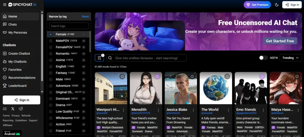 Screenshot of the SpicyChat homepage with navigation on the left, a central banner promoting free AI chat, tag filters like Male and Fantasy, and a grid of popular anime-inspired characters.