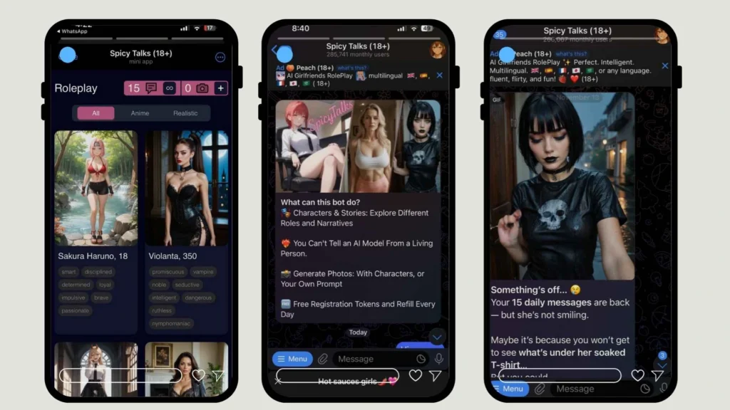 Screenshot of Spicy Talks spicy chat AI Telegram bot displaying character cards for roleplay chats, anime avatars, and immersive conversation features.