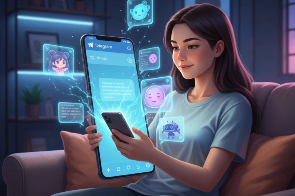 A person happily interacts with friendly, glowing AI avatars appearing as holograms and chat bubbles on a large, illuminated smartphone screen. The scene has a cozy, modern feel with soft lighting and subtle neon blue accents, set in a room with a light blue and warm aesthetic