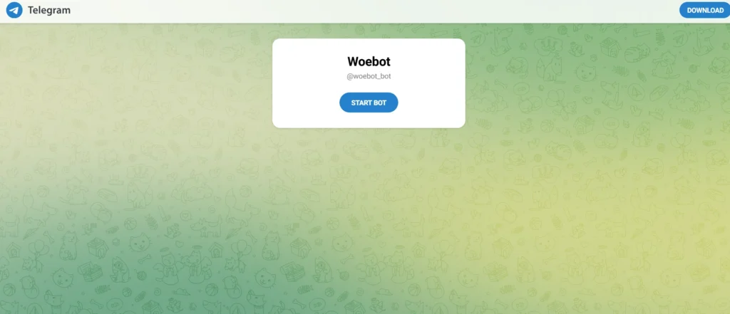 Screenshot of Woebot Telegram AI friend chatbot showing daily mood check-in with empathetic replies and gentle coping tools for emotional well-being.