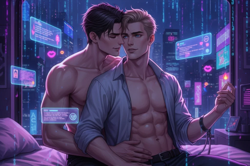 A cinematic and sultry 16:9 digital illustration featuring two muscular young men in an intimate embrace within a glowing cyberpunk setting. One man has dark, tousled hair and a sly smirk, leaning toward a blond man with an unbuttoned shirt and an athletic build. They are surrounded by floating neon pink and blue holographic chat interfaces and cascading digital code. The background reveals a dark futuristic cityscape at night, with soft volumetric lighting emphasizing the sensual tension and high-tech atmosphere.