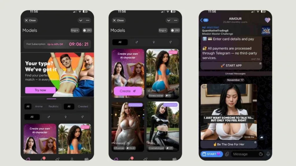 AIMour Telegram interface showing AI models and chat preview.