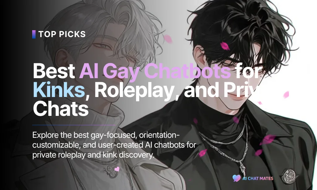 An editorial cover image for a blog post titled "6 Best AI Gay Chatbots for Kinks, Roleplay, and Private Chats" displaying a futuristic digital art design with custom male AI companion graphics and glowing neon text.