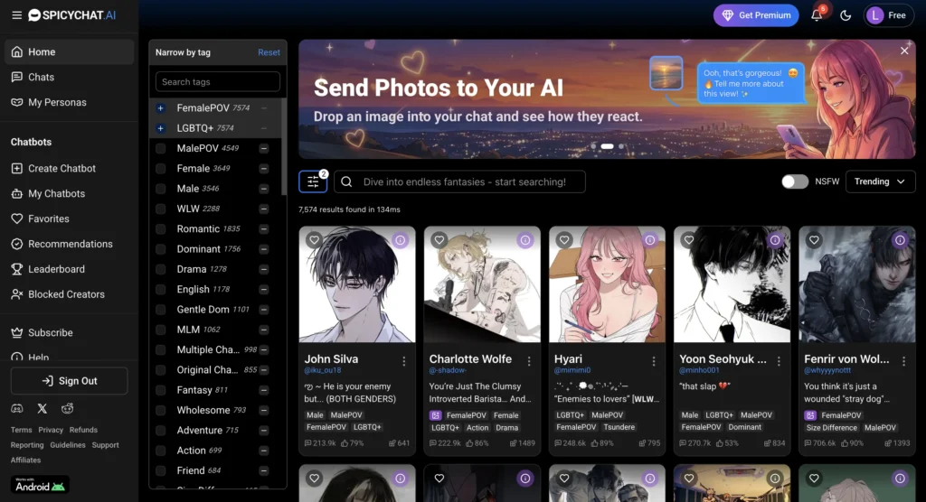 SpicyChat AI website- AI Lesbian Companion for Lonely Nights