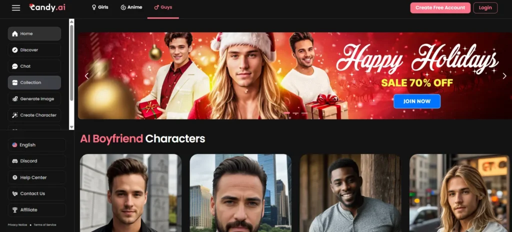 Candy.ai interface screenshot focused on AI gay chatbots for kink exploration, with sections for girls, anime, guys, and create free account to chat with personalized male AI partners.