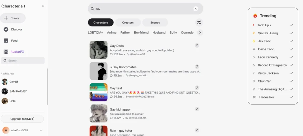 Character.ai search results screenshot for "gay" AI chatbots to explore kinks, listing LGBT+ characters like gay dads, roommates, and quizzes, with trending male bots for adult interactions.