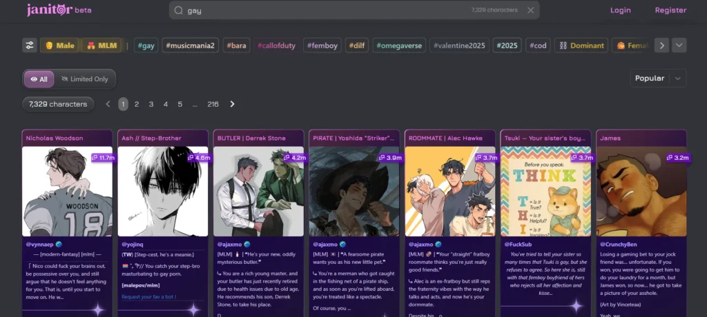 JanitorAI beta screenshot of gay AI chatbots for kink exploration, displaying MLM characters like stepbrothers, pirates, and roommates with tags for dominant males and fantasies.
