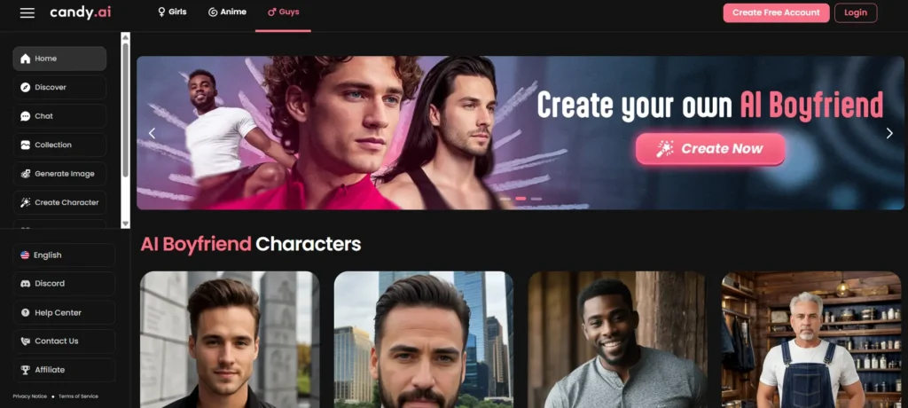 Candy.ai sideguy AI boyfriend apps gallery highlighting AI boyfriend characters in realistic and anime styles, with creation tools for personalized virtual guys, chats, and image generation for romantic or spicy interactions.