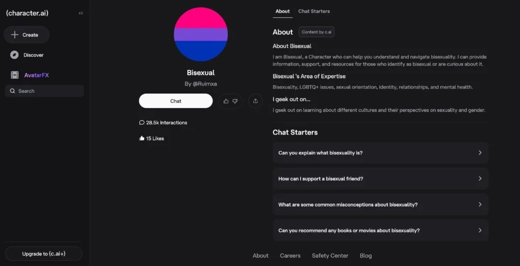 Character.AI bisexual chatbot helping users explore sexuality and relationships safely.