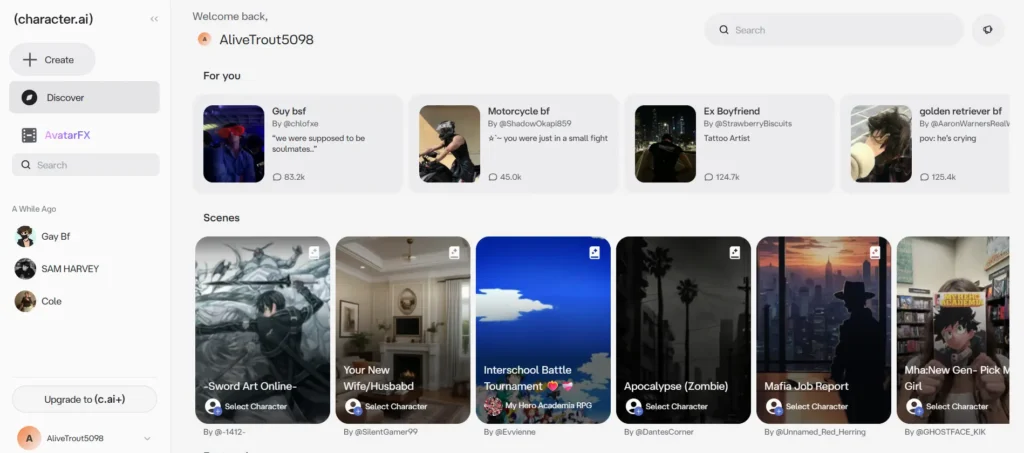 Character AI homepage screenshot highlighting emotional gay AI companion chats
