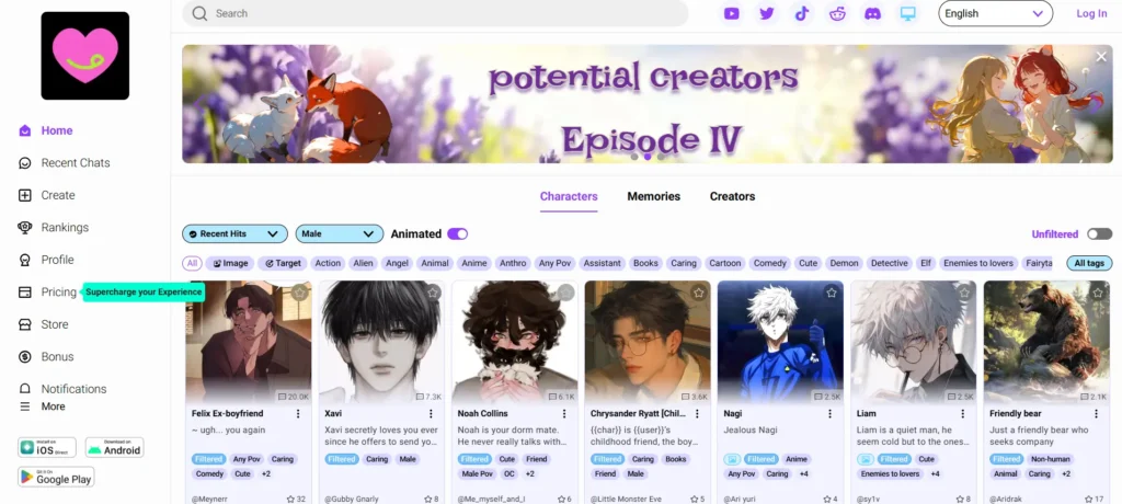 CrushOn.AI homepage showing community-made gay AI characters and chat options