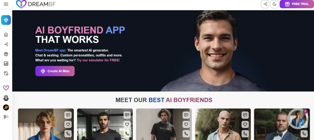 DreamBF homepage screenshot with anime-style AI boyfriends