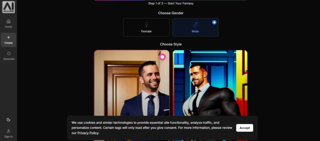 Allure AI erotic AI gay tool showing male gender selection, realistic and anime styles for creating personalized NSFW boyfriends with voice options and kink preferences in gay roleplay.