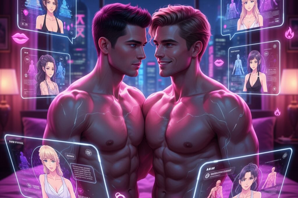 Erotic AI gay boyfriend scene in cyberpunk style, two muscular bare-chested men embracing intimately amid neon-lit holograms of customizable AI avatars, flames and kiss emojis for uncensored NSFW gay roleplay and futuristic fantasies.