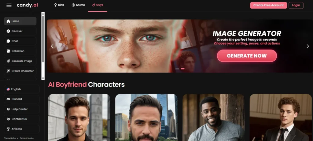 Erotic AI gay boyfriend characters on Candy AI platform, featuring photorealistic male avatars in suits and casual wear, customizable image generator for NSFW gay chats and intimate dialogues.