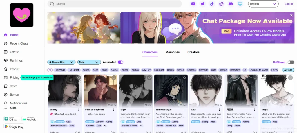 CrushOn AI erotic AI gay platform showcasing unfiltered male characters in anime and realistic styles, with tags for enemies-to-lovers, caring boyfriends, and Male POV for immersive NSFW roleplay and explicit chats.