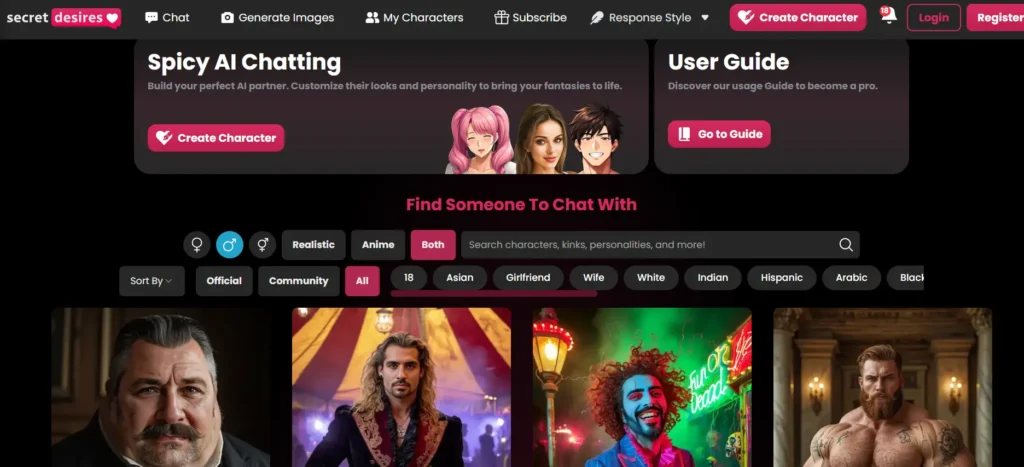 Secret Desires AI erotic AI gay interface for building boyfriends with 12+ personalities, 15 kinks, and real-time image/video generation tailored to gay dynamics like top/bottom preferences.