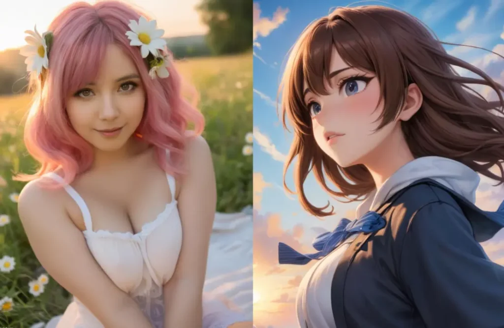 Side-by-side GirlfriendGPT character visuals: left image shows a pink-haired anime girl with daisies in her hair, smiling softly in a white dress amid a sunny field; right image depicts a brown-haired anime schoolgirl in a blue sailor uniform, wind-swept hair and confident expression against a blue sky, emphasizing immersive AI roleplay and custom-generated imagery for storytelling.