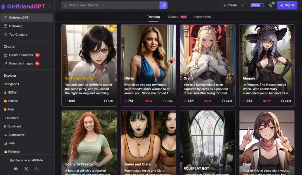 GirlfriendGPT dashboard interface screenshot showcasing trending AI characters for roleplay, including diverse anime and realistic styles like Savya in formal wear, Olivia in blue bikini, Orelia as an elf, and Maggie the witch; features categories such as Female, NSFW, Scenarios, and tools for creating characters, generating images, and exploring recent hits with engagement metrics.