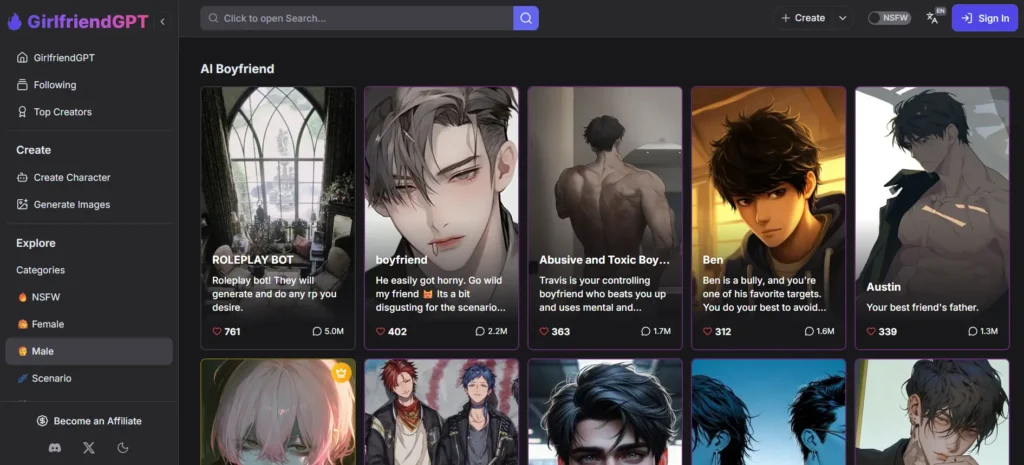 GirlfriendGPT sideguy AI boyfriend apps explore page showcasing AI boyfriend characters like roleplay bots, toxic and abusive males, bullies, and controlling partners with NSFW scenarios and image generation tools.